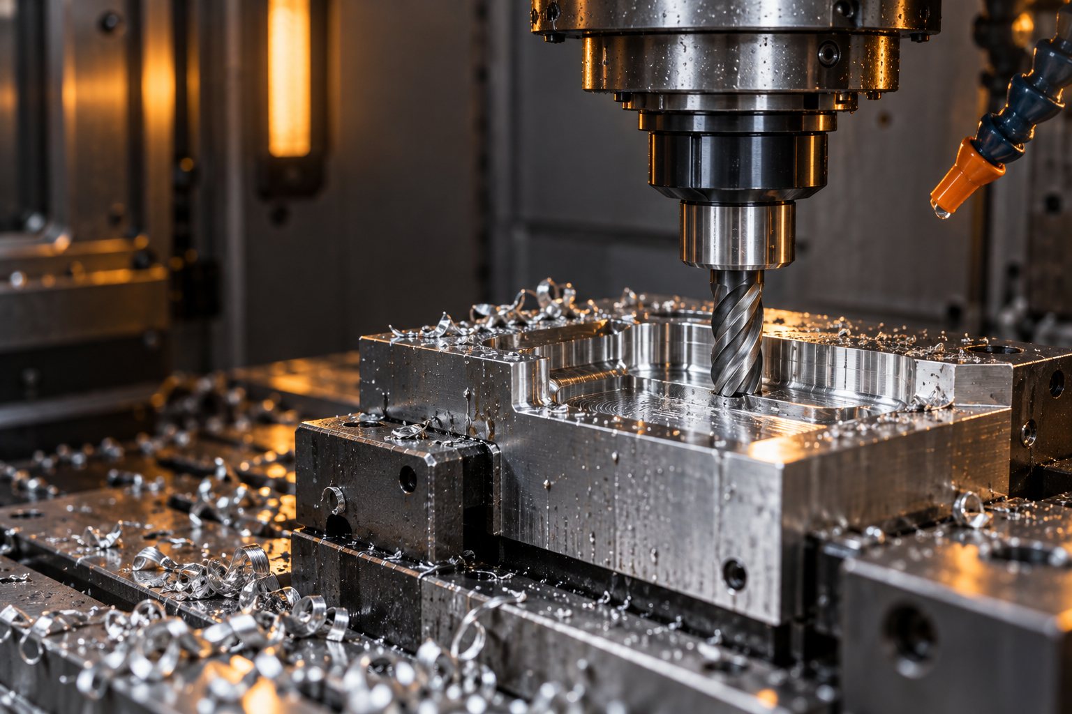 Frez CNC obrabiający detal aluminiowy — ilustracja procesu