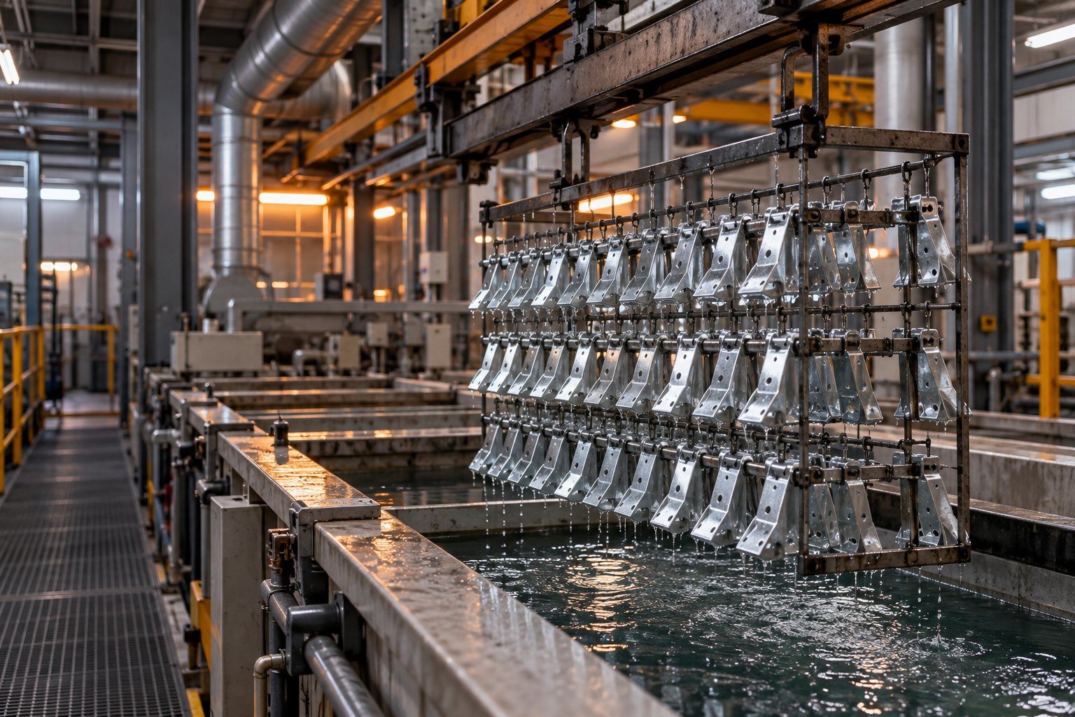 Elementy metalowe nad wanną galwaniczną — ilustracja procesu
